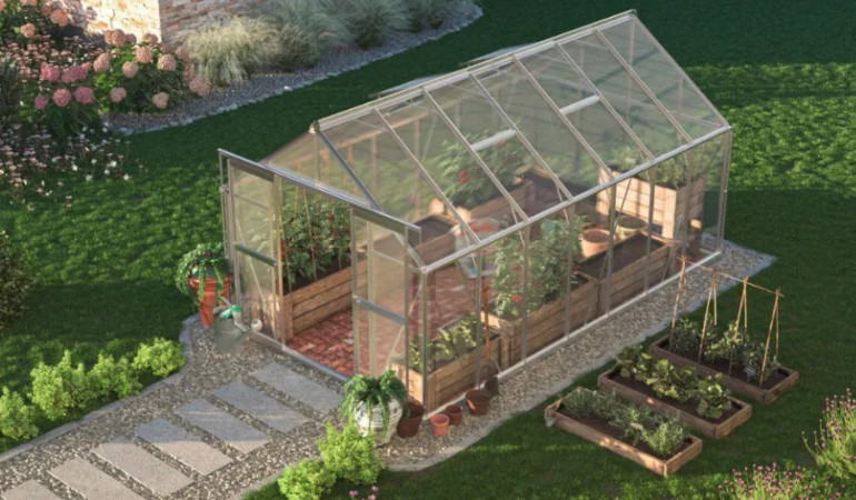 Szklarnia poliwęglanowa Slide-In o wymiarach 244x429cm Silver od Cultivo w ogrodzie wraz z uprawą