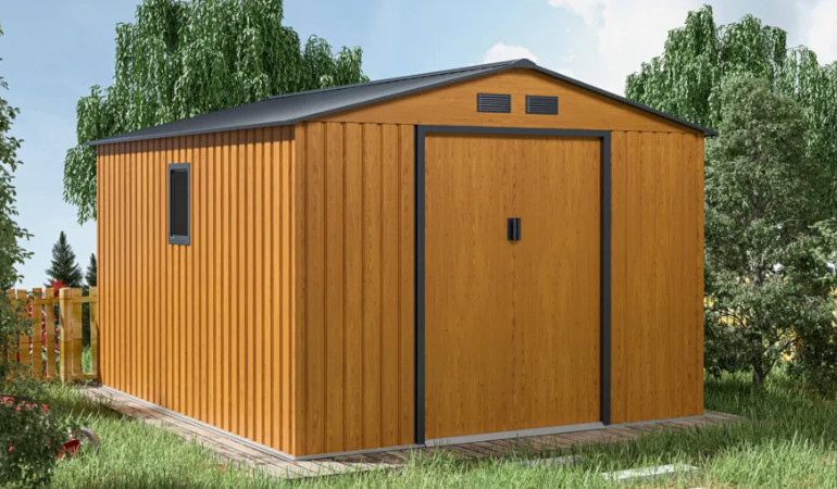 Domek narzędziowy w zielonym ogrodzie o modelu HUDSON w wymiarach 277x319cm  w kolorze Oak Grey marki Hardmaister