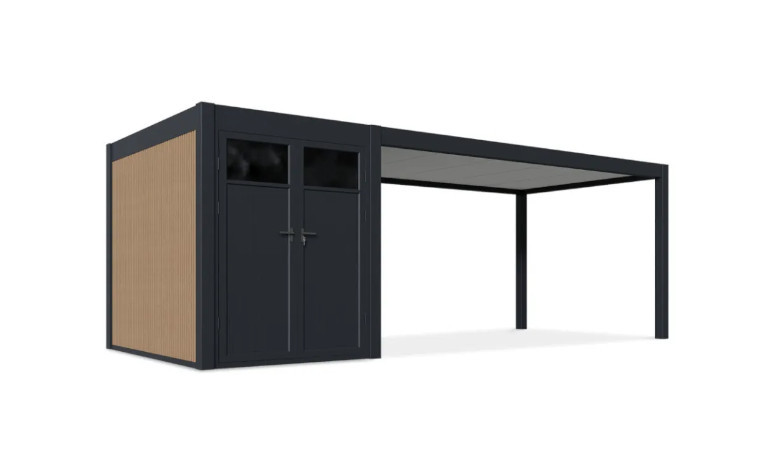 Wiata garażowa Gutroof w kolorach brązowcyh i czarnych na białym tle