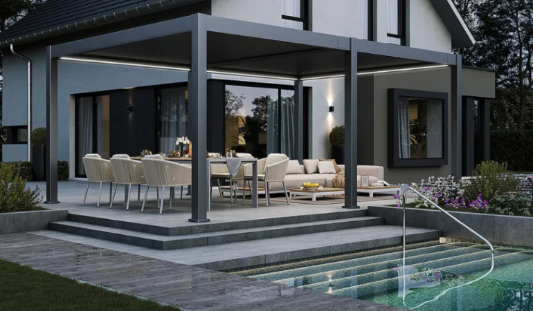 Pergola tarasowa Gutroof w ogrodzie przy domu, 4x6 z oświetleniem LED