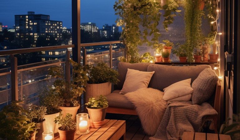 Balkon o zmorku z roślinami tropikalnymi, światełkami i meblami wypoczynkowymi