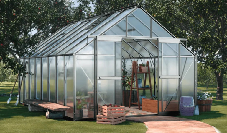 Szklarnia ogrodowa z poliwęglanu Slide-In 305x489cm Silver - Cultivo w sadzie wraz z uprawą, skrzyniami pod gołym niebem