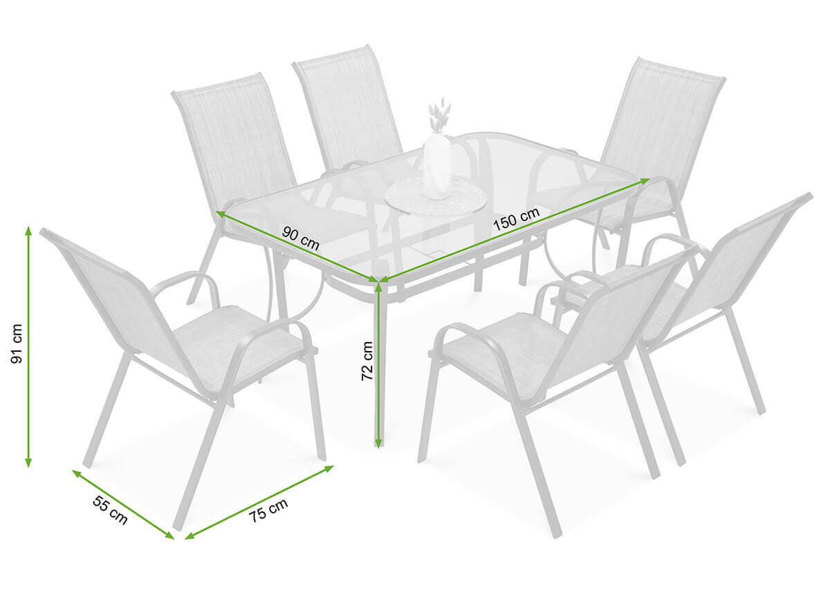 Rysunek z wymiarami zestawu jadalnianego bologna w kolorze jasno beżowym