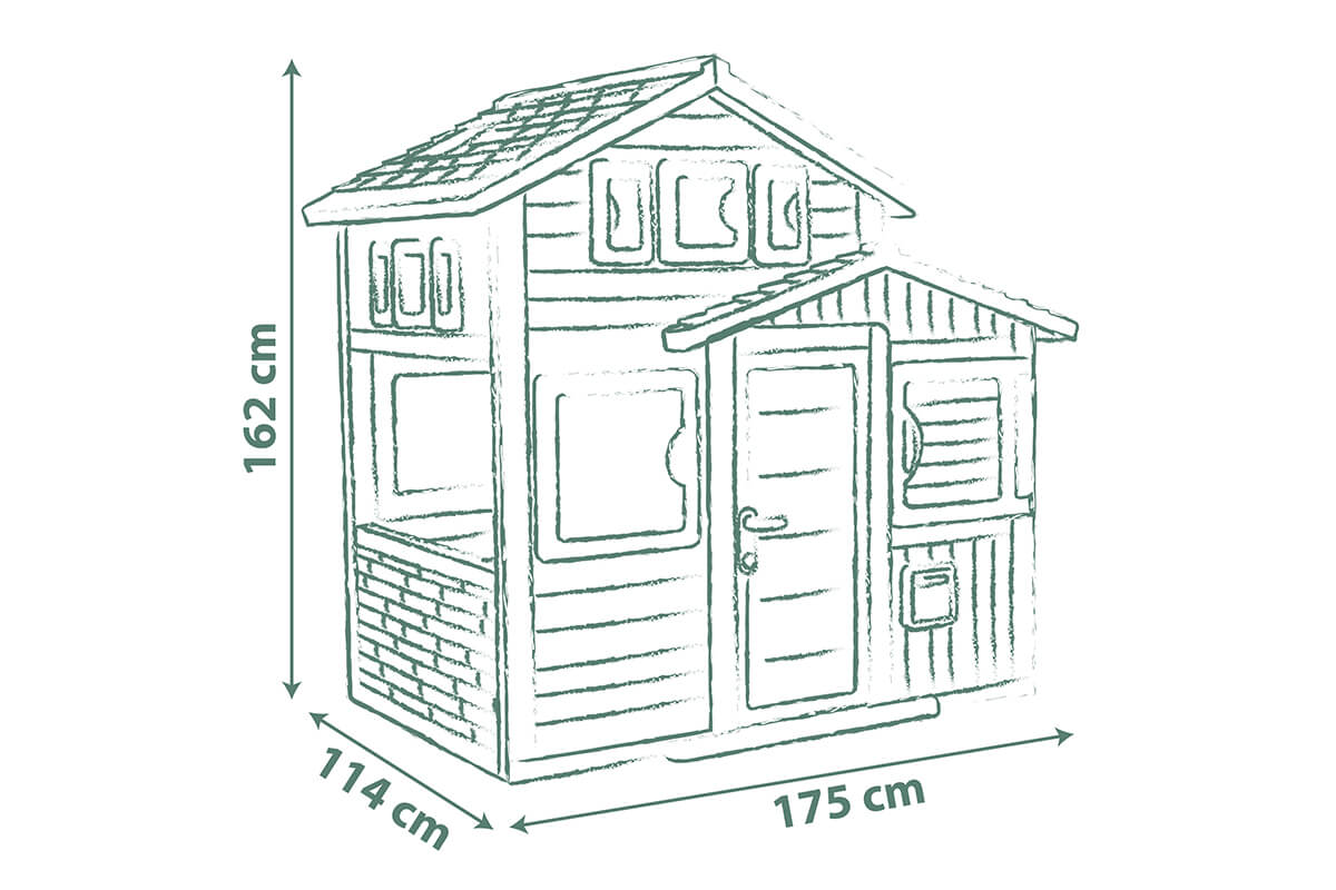 Rysunek przedstawiający wymiary domku dla dzieci Life Evo 114,3 x 174,5 x 162 cm