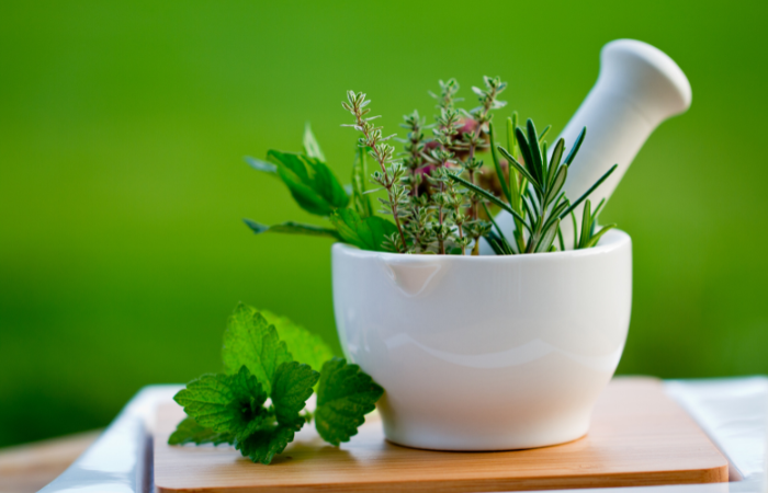 rośliny lecznicze z ogrodu w białym moździerzu