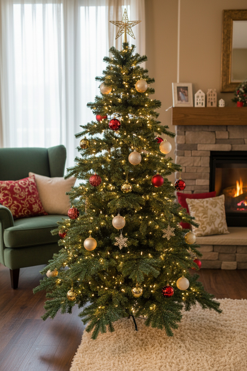 Choinka w pokoju kominkowym; czerwono-złote ozdoby, fotel i dywan z długim włosiem.