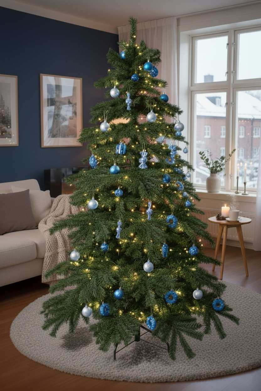 Choinka w pokoju gościnnym; niebiesko-srebrne bombki, sofa i świece, zimowy widok za oknem.