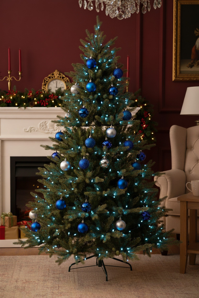 Choinka z niebiesko-srebrnymi bombkami przy białym kominku; bordowa ściana, fotel i prezenty obok.