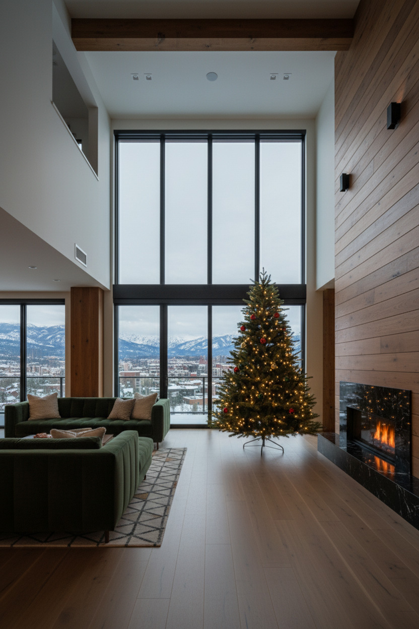 Choinka przy wysokich przeszkleniach w lounge; g&oacute;ry i miasto w tle, zielona kanapa, kominek ścienny.