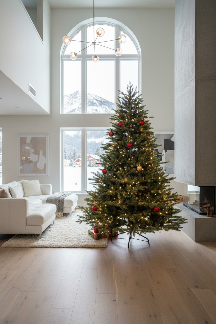 Choinka z ciepłymi światełkami w przestrzeni dziennej; duże łukowe okno, jasna sofa, kominek liniowy.