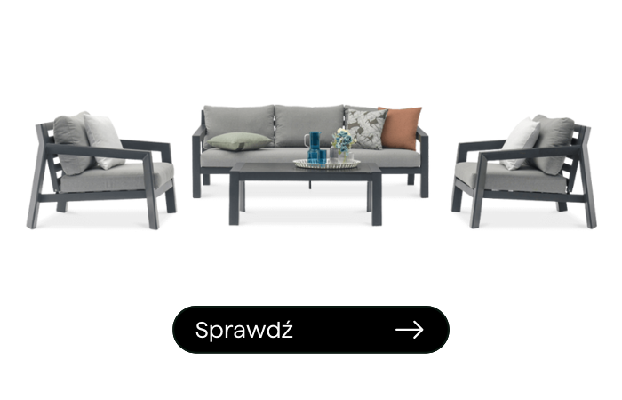 zestaw wypoczynkowy do ogrodu w kolorze czarnym z szarymi poduszkami, dwa wygodne fotele, sofa i prostokątny stolik kawowy 