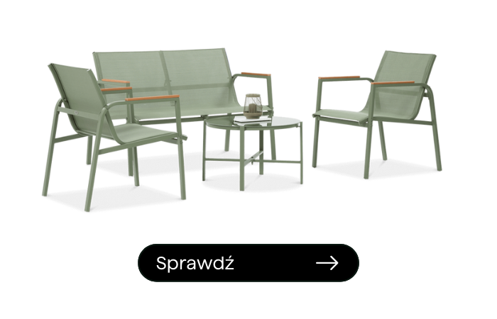 zestaw mebli ogrodowych w kolorze zielonym, dwa fotele , sofa i okrągły stolik 