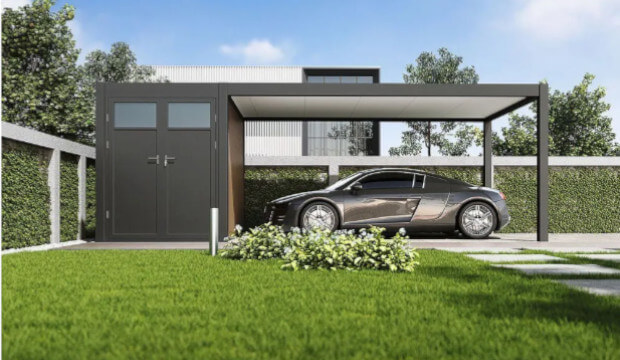 Wiata garażowa SUPERIOR 5.3x3 +2 Anthracite Gutroof - aranżacja w ogrodzie