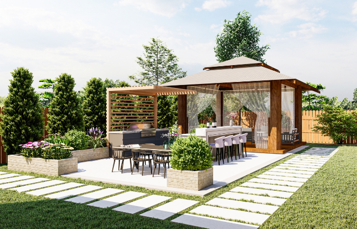 Projekt podw&oacute;rka z basenem o dowolnym kształcie, kuchnią, altaną