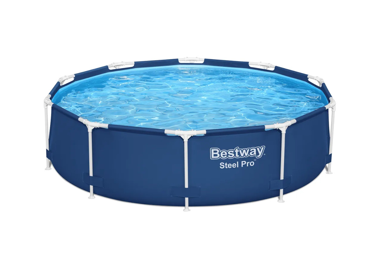 Niebieski basen stelażowy na białym tle