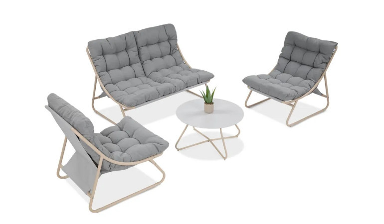 Dwa fotele ogrodowe, kanapa Vista Caffe w kolorze szarym wraz z stolikiem na białym tle