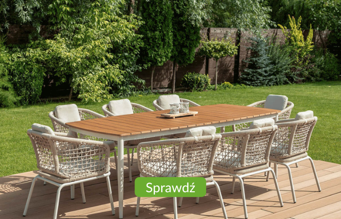 Zestaw jadalniany z ośmioma beżowymi krzesłami i dużym stołem