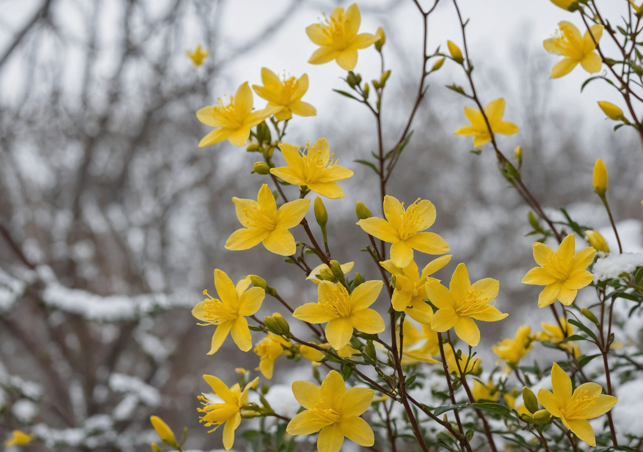 Żółte kwiaty jaśminowca zimowego kwitnące na tle ośnieżonych gałęzi.